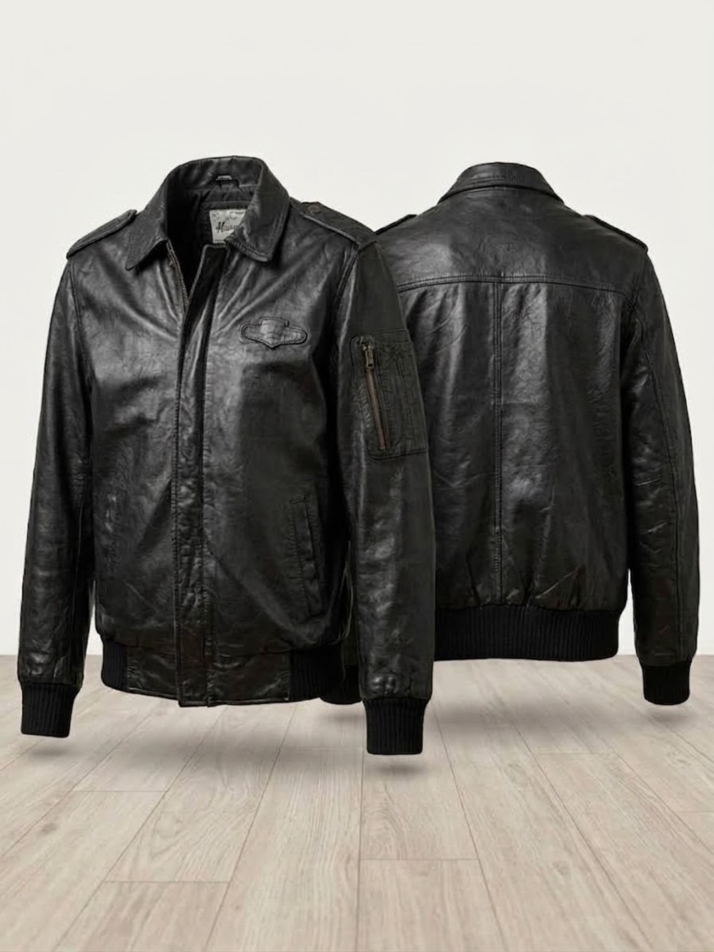 Vintage Distressed Black Leather Pilot Bomber Jacket - Aviator Flight Coat⁠